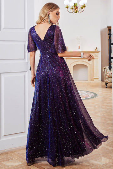 Purple A Line Sparkly V-Neck Formal Party Dress with Short Sleeves